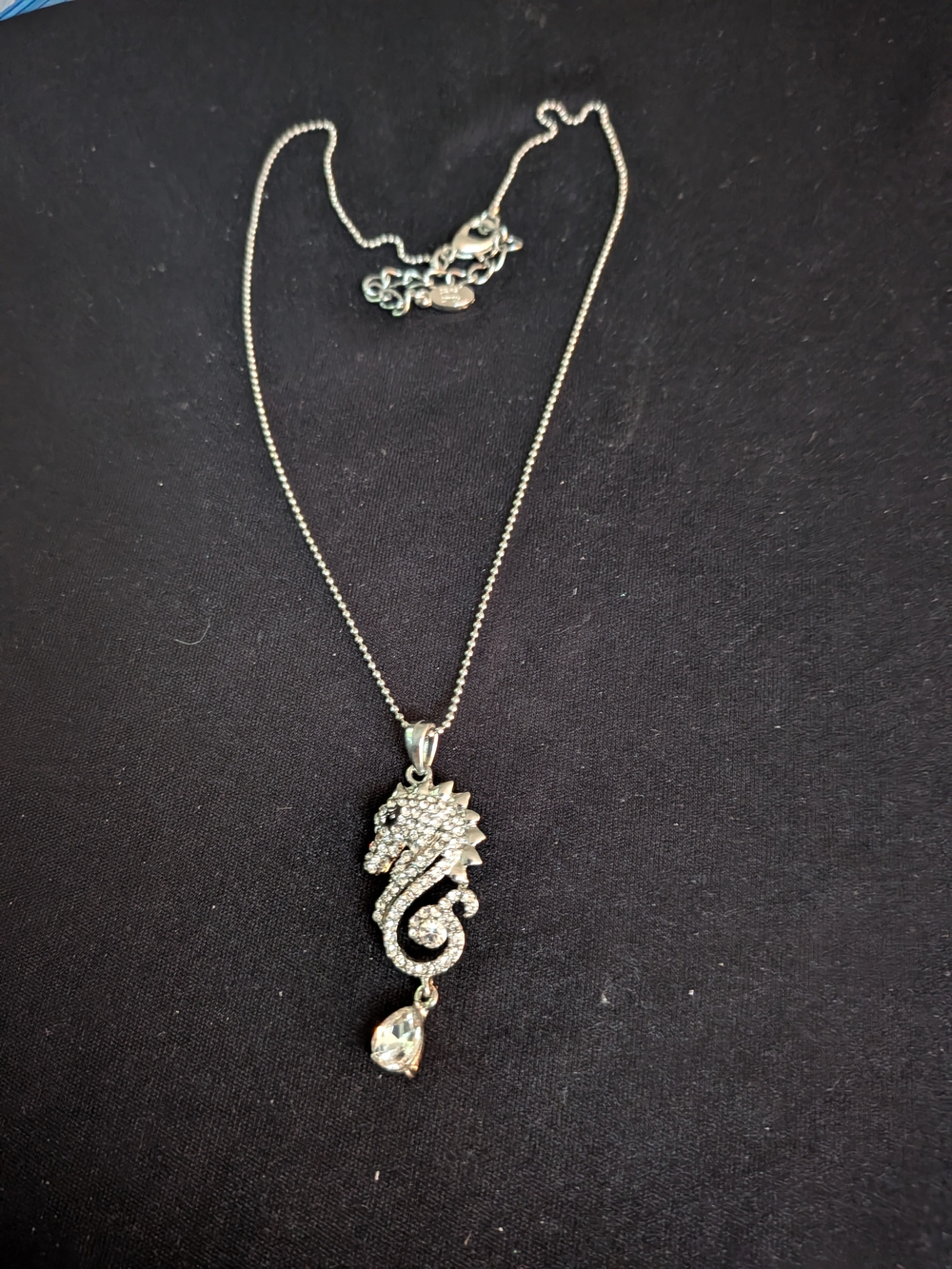 Silver Sealed Seahorse Pendant Necklace 9" with Clear Crystals - Brand